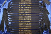 Ленточки с бескозырок пятнадцати кораблей Великобритании, охранявших первый Северный конвой «Дервиш». Тяжелые крейсеры HMS Suffolk, HMS Devonshire. Эсминцы HMS Eclipse, HMS Escapade, HMS Impulsive, HMS Electra, HMS Inglefield. Вооруженные траулеры HMS Ophelia, HMS Macbeth, HMS Hamlet. Минные тральщики HMS Salamander, HMS Harrier, HMS Halcyon. Авианосцы HMS Argus и HMS Victorious.